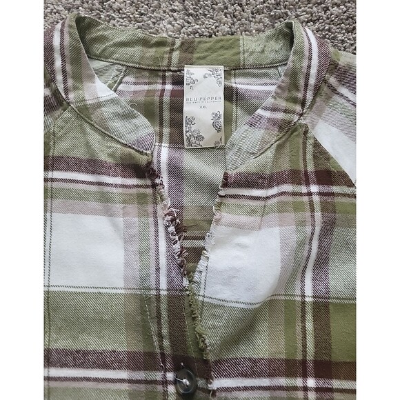 Blu Pepper Size XXL Green Plaid Frayed Hem Button Down Shirt/Jacket Pockets - Picture 7 of 13
